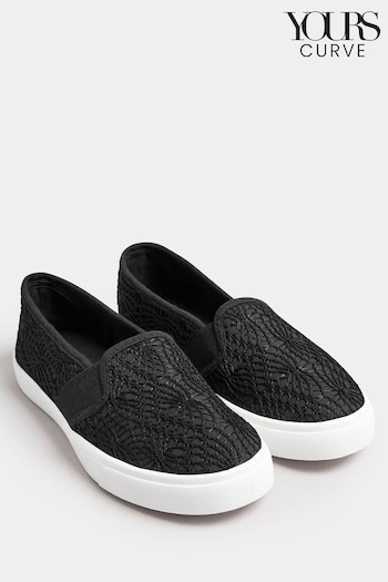 Yours Curve Black Broderie Anglaise Slip-On Trainers In Wide E Fit (B57519) | £24