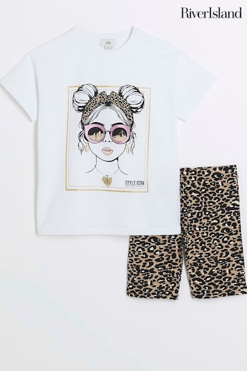 River Island Brown names Leopard Girl Tee and Cycle Short Set (B57568) | £22