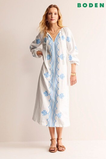 Boden White Petite Embroidered Belted Linen Dress (B57944) | £210