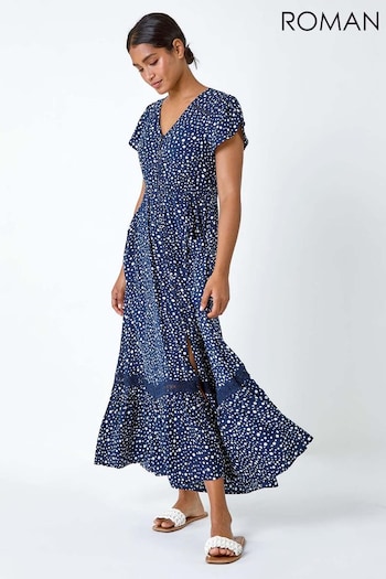 Roman Blue Polka Dot Lace Detail Maxi algod Dress (B58003) | £48