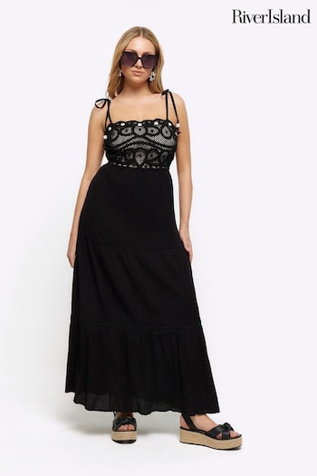 River Island Black Crochet Tiered Maxi Dress (B58079) | £50