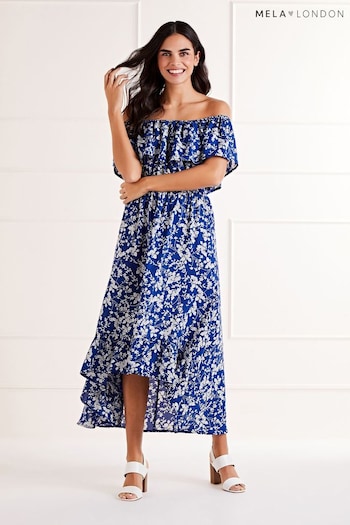 Mela Blue Ditsy Print Bardot Dipped Hem pleated Dress (B58147) | £40