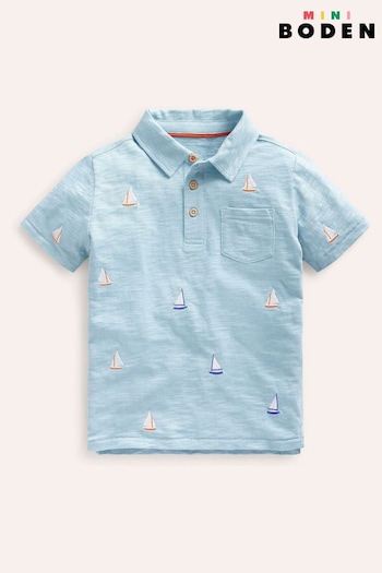 Boden Blue Embroidered Slubbed Polo Shirt (B58218) | £21 - £23