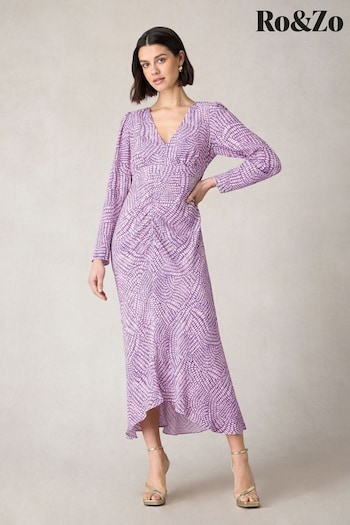 Ro&Zo Petite Purple Geo Print Ruched Front Midi Dress (B58300) | £129