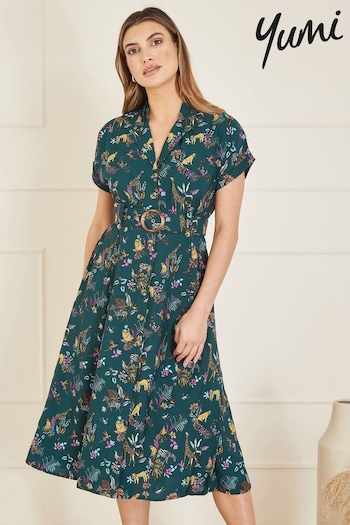 Yumi Green Animal Safari Print Shirt Dress With Matching Belt (B58373) | £55