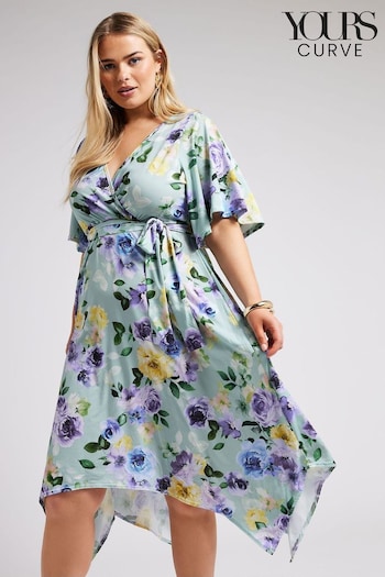 Yours Curve Green Floral Hanky Hem Wrap Dress (B58405) | £53