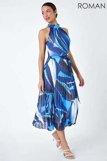 Roman Blue Abstract Print Midi Pleated Dress (B58527) | £70