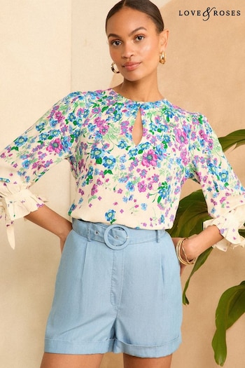 New: T-Shirts & Polo Shirts Floral Placement Print Shirred Cuff Blouse (B58593) | £42