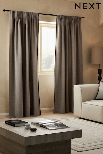 Grey Aubrey Tweed Velour Trim Pencil Pleat Lined Curtains (B58739) | £0