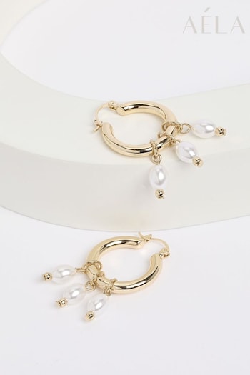 Aela Gold Tone Pearl Drop Hoops Earrings (B59200) | £12.50