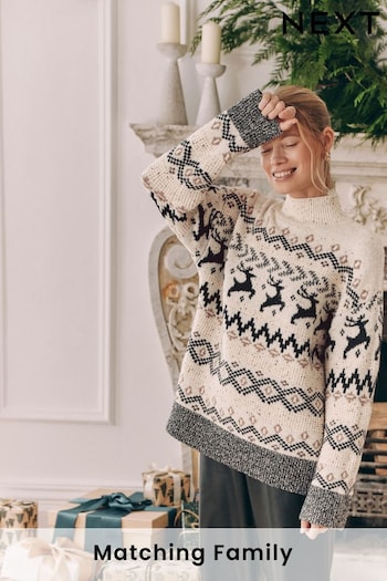 Black/White Matching Family Womens Christmas Fairisle Pattern Stag Jumper (B59239) | £34