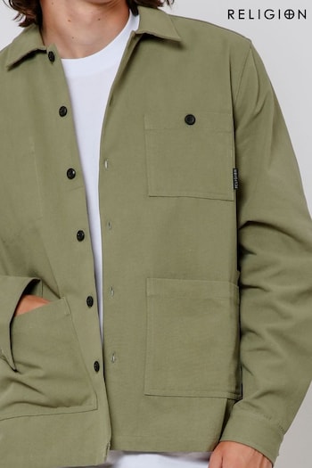 Religion Green Button Up Drill Overshirt (B59325) | £80