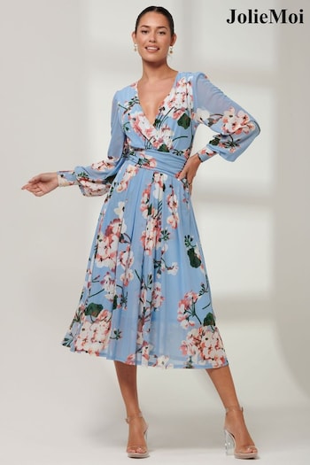 Jolie Moi Blue Floral Wrap Front Mesh Dress (B59331) | £69