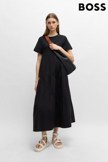 BOSS Black Cotton-Jersey Dress With Asymmetric-Tiered Skirt (B59357) | £189