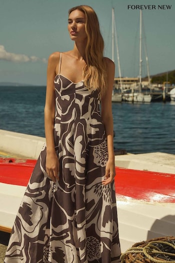 Forever New Brown Pure Linen Vayda Strap Midi Sun dryzzle Dress (B59573) | £120
