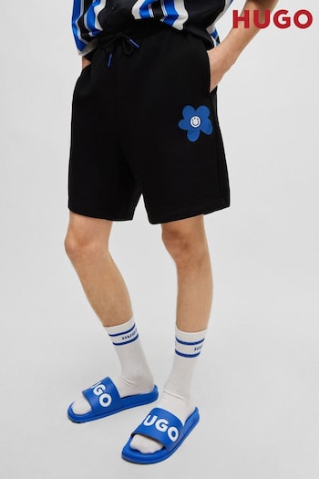 HUGO Blue Cotton Terry Floral Graphic Jersey Shorts droit (B59835) | £89