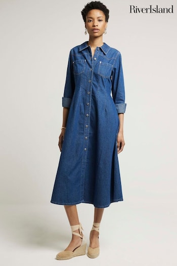 River Island Blue Denim Fitted Midi Shirt pantalon Dress (B59881) | £55