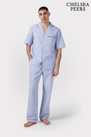 Chelsea Peers Blue Poplin Stripe Print Short Sleeve Long Pyjama Set (B59890) | £72