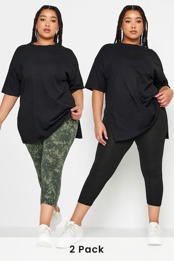 Yours Curve Green 2 PACK Black & White Ditsy Floral Print Cropped Leggings (B59961) | £24