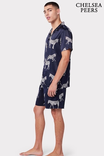 Chelsea Peers Blue Mens Satin Navy Zebra Print Short Pyjama Set (B59997) | £50