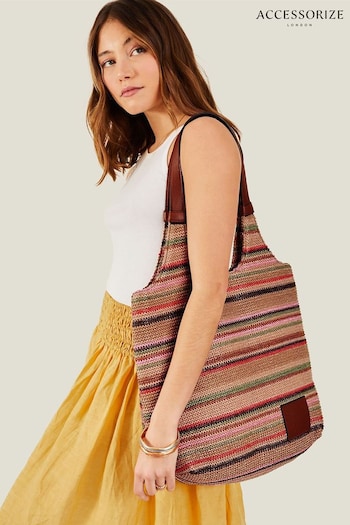 Accessorize Stripe Raffia Shoulder Brown Bag (B60044) | £32