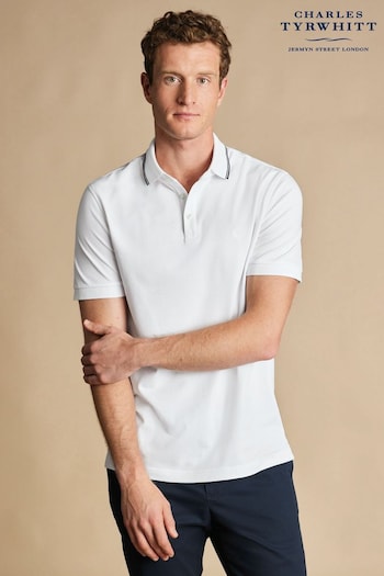 Charles Tyrwhitt White Short Sleeve Cotton Stretch Pique Polo T-Shirt (B60087) | £55