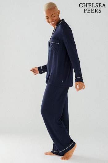 Chelsea Peers Blue Modal Button Up Long Pyjama Set (B60240) | £52