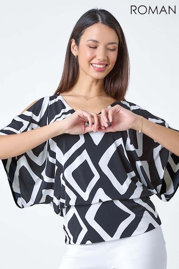 Roman Black Geometric Blouson Stretch Top (B60252) | £32