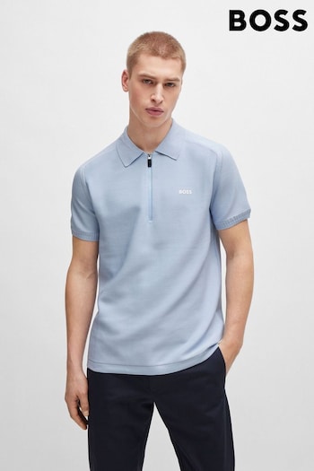 BOSS Blue Short-Sleeved Zip-Neck Polo Sweater With Logo Detail (B60281) | £159