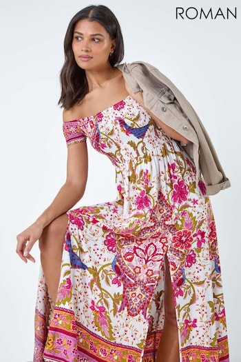 Roman Pink Paisley Shirred Bardot Maxi Dress (B60363) | £36