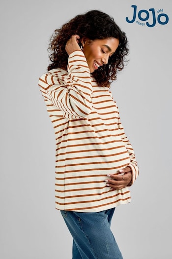 JoJo Maman Bébé Oatmeal Stripe Long Sleeve Boyfriend Maternity T-Shirt (B60418) | £18