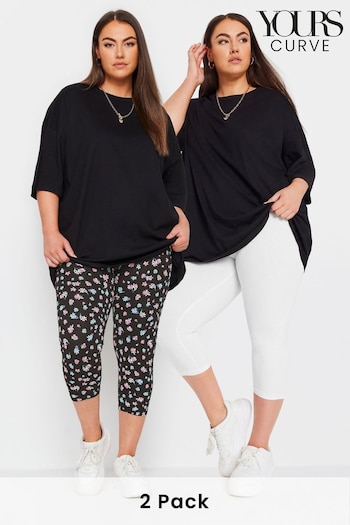 Yours Curve White 2 PACK Black & White Ditsy Floral Print Cropped Leggings pantaloncino (B60612) | £24