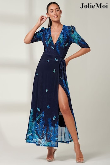 Jolie Moi Blue Kinley Print Wrap Mesh Maxi Dress (B60691) | £79