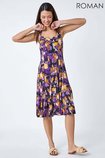 Roman Purple Abstract Floral Print Stretch Panel Dress (B60711) | £42
