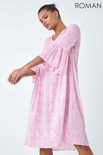 Roman Pink Leaf Print Shimmer Smock Dress (B61152) | £38