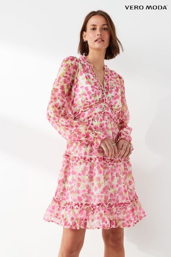 VERO MODA Pink Floral V-Neck Ruffle Tiered Mini Dress (B61240) | £36