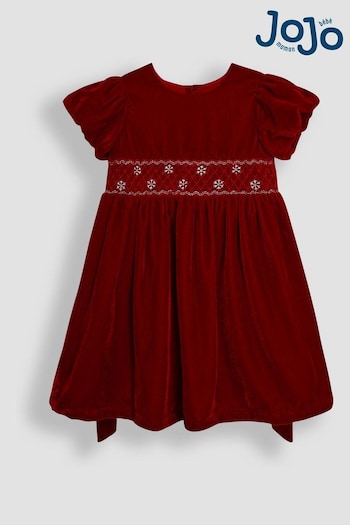 JoJo Maman Bébé Red Smock Waist Velvet Party Dress (B61276) | £39 - £44