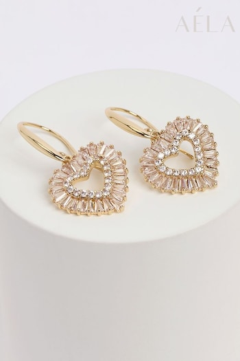 Aela Gold Tone CZ Baguette Stone Heart Earrings (B61516) | £16.50