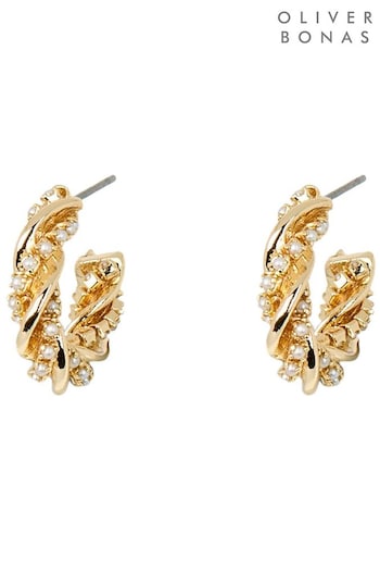 Oliver Bonas Gold Tone Azure Faux Pearl Metal Twist Gold Hoop Earrings (B61606) | £16