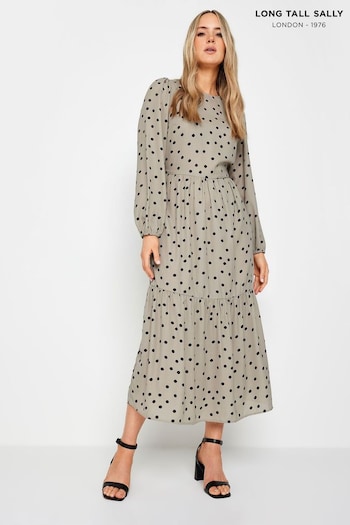 Long Tall Sally Beige Brown Spot Print Tiered Midi Dress (B61752) | £34