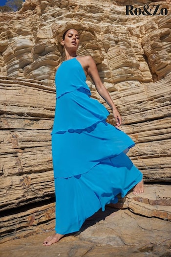 Ro&Zo Blue Savannah Chiffon Tiered Maxi Dress (B61784) | £139