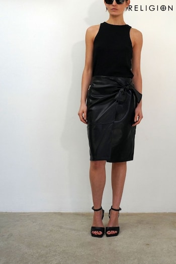 Religion Black Faux Fur Leather Midi Wrap Skirt With Zip Pockets (B61939) | £54