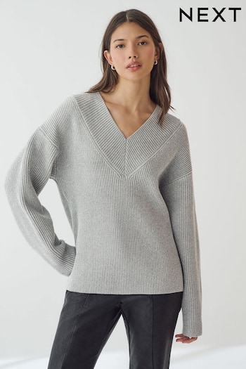 Grey Sparkle Relaxed Fit Ribbed V-Neck Knitted Jumper (B61987) | £36