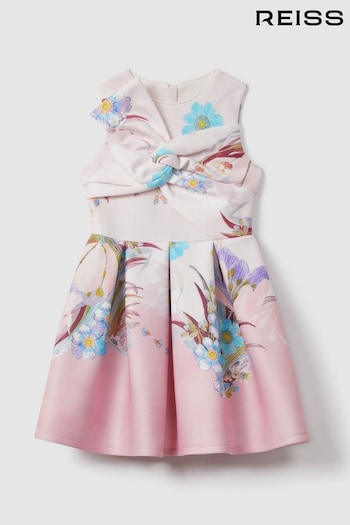 Reiss Pink Marti Teen Floral Scuba Twist Fit-and-Flare Dress (B62033) | £63