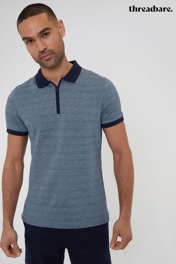 Threadbare Blue Jacquard Quarter Zip Cotton Polo Shirt (B62268) | £20