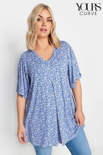 Yours Curve Blue Ditsy Floral Pleated Angel Sleeve Swing Top (B62288) | £24