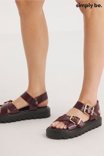 Simply Be Red Burgundy Two Part Buckle Detail Chunky Sandals in Extra Wide Fit (B62293) | £38
