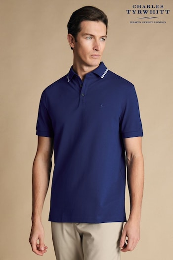 Charles Tyrwhitt Blue Short Sleeve Cotton Stretch Pique Polo T-Shirt with Tipping (B62574) | £55