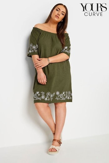 Yours Curve Green Embroidered Bardot Dress (B62609) | £32