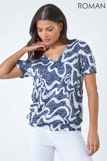 Roman Blue Swirl Burnout Print Blouson Stretch Top (B62649) | £28